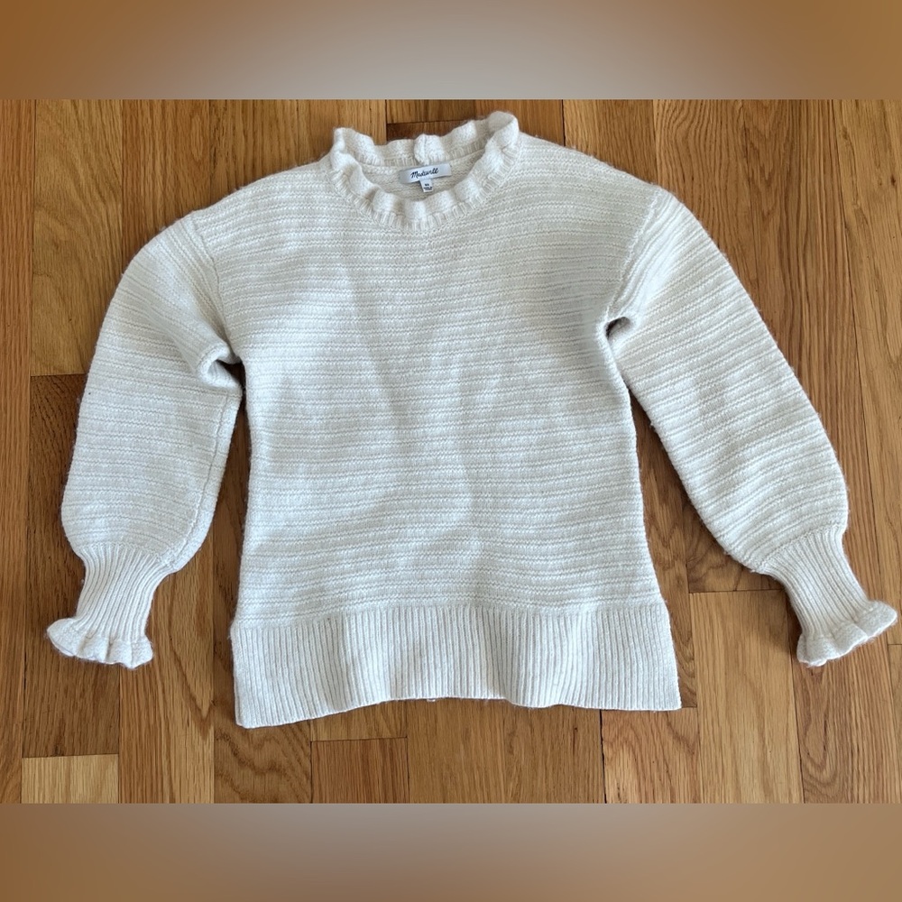Madewell Ruffle-Neck Pullover Sweater in Cotton-Merino Yarn, XS